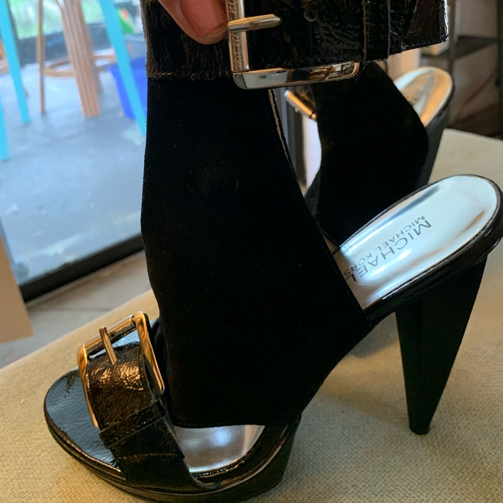 Michael Kors Black Suede and Patent Leather Shoes Open Heel & Toe Buckled Straps